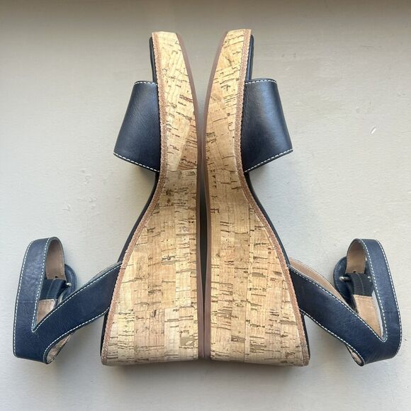 Bernardo Anthropologie Navy Blue Leather Cork Wedge Sandals Ankle Strap Women 9 - Picture 4 of 16